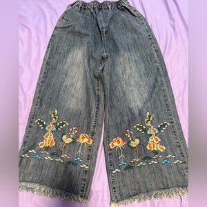 Ailaili Embroidered Floral Wide-Leg Jeans